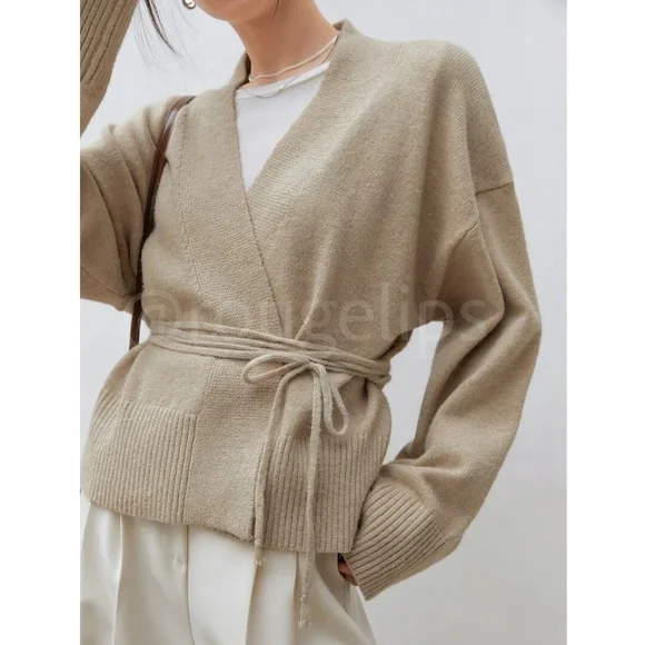 Oatmeal Beige Knit Kimono Sweater Tie Belt Boxy Loose Fit Drop Shoulder Wrap - Picture 8 of 12